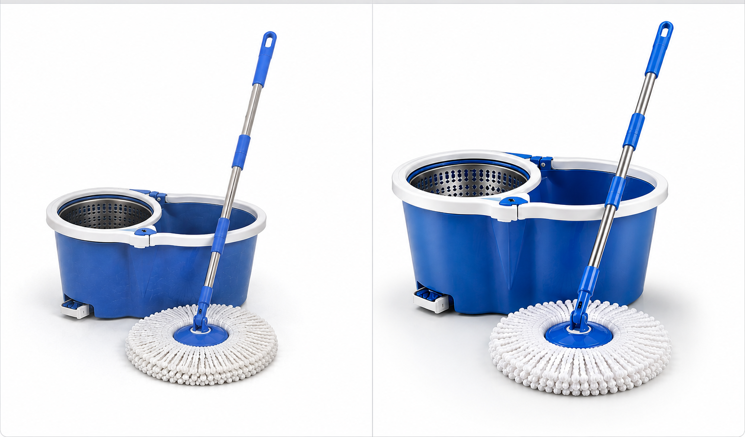 Before and after comparison of a mop bucket product showing a typical seller photo and ListingShot premium product image.