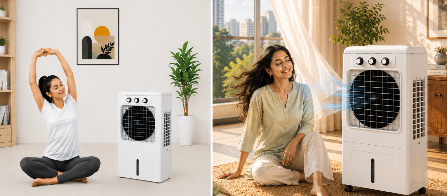Before and after comparison of an air cooler lifestyle image showing a typical seller image and ListingShot premium lifestyle image.