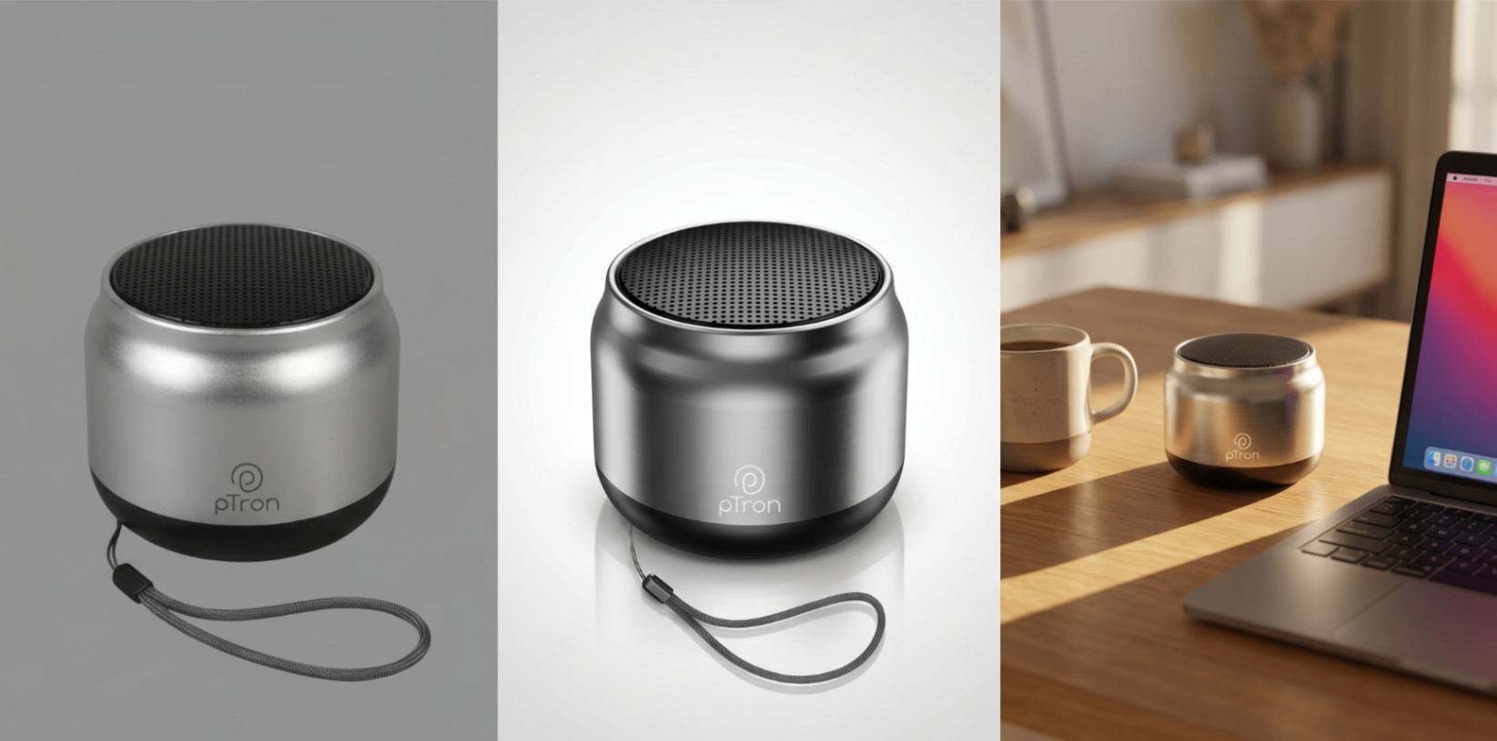 Electronics photography showcase with client image, refined product image, and lifestyle scene for a portable speaker.