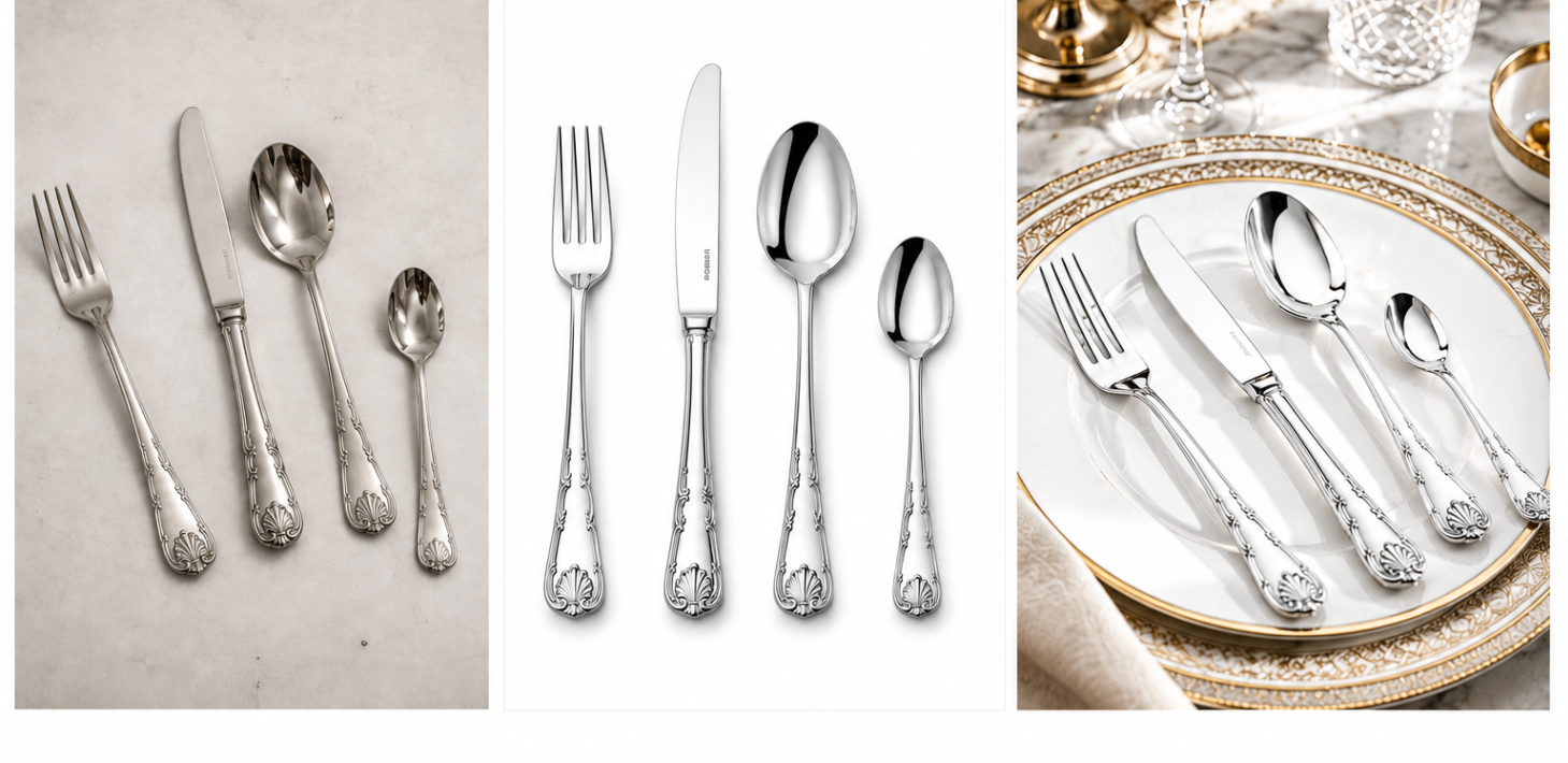 Cutlery photography showcase with client image, polished studio image, and premium dining lifestyle image.