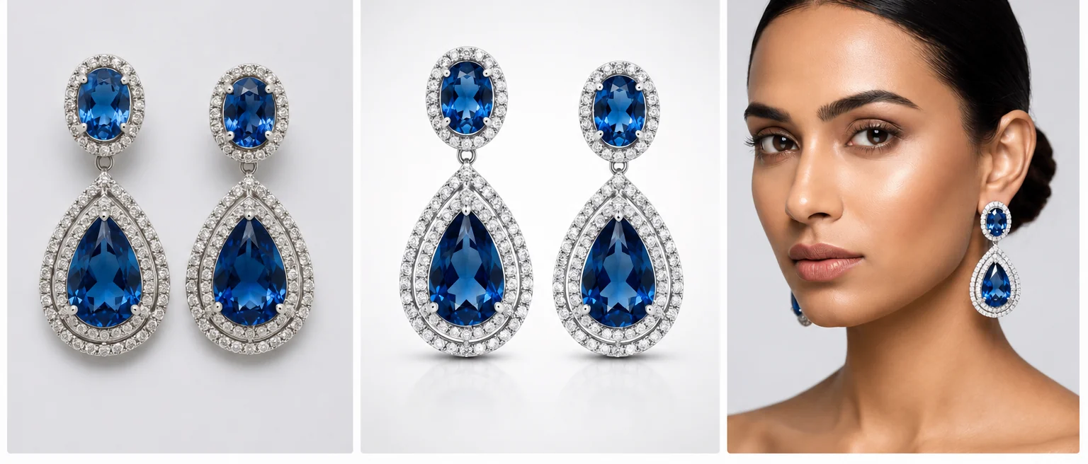 Jewellery photography showcase featuring sapphire earrings across product, enhanced product, and model styling images.