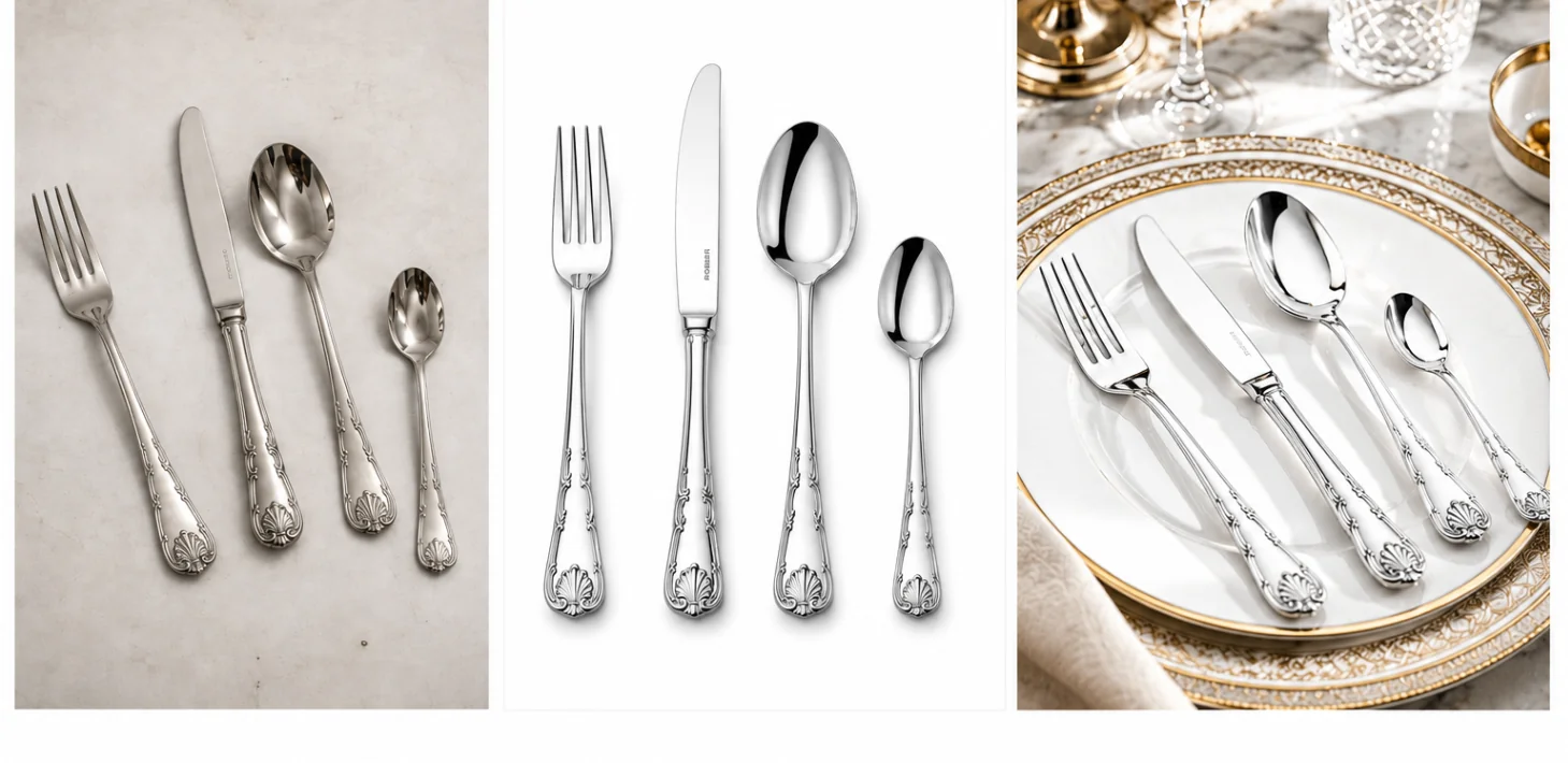 Cutlery photography showcase with client image, polished studio image, and premium dining lifestyle image.
