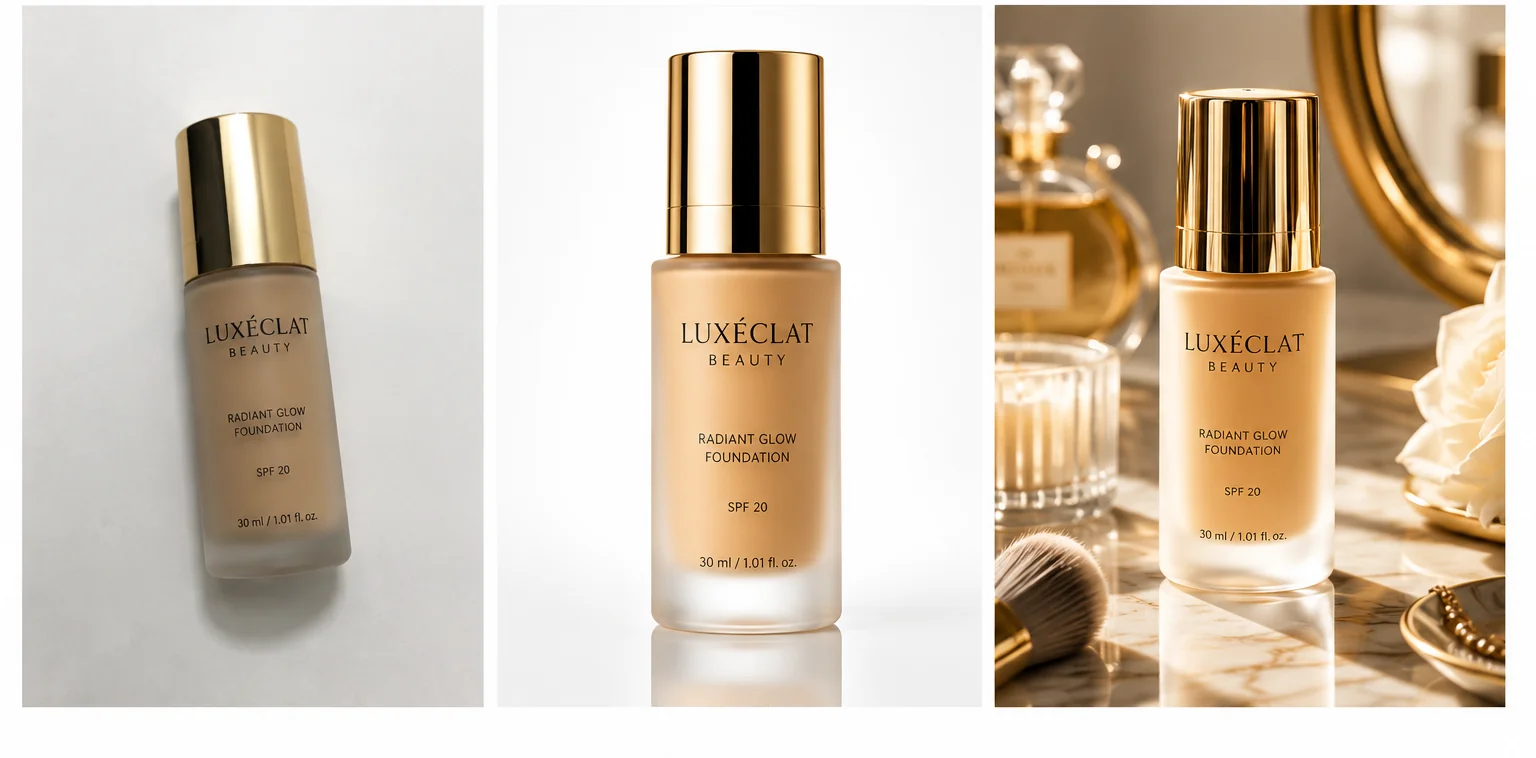 Cosmetics photography showcase with client image, premium product image, and warm luxury lifestyle scene.