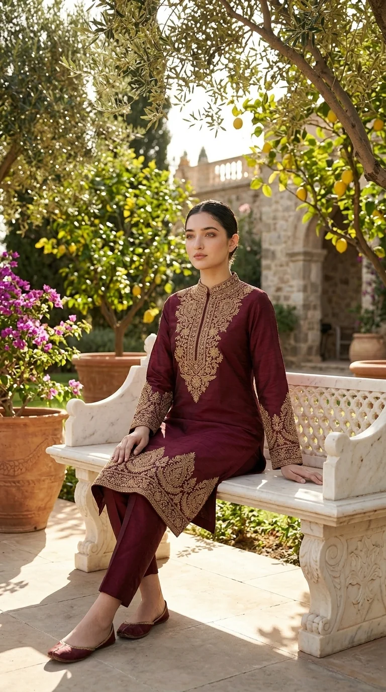 Lifestyle editorial of burgundy kurta with seated garden composition.