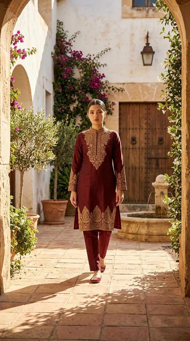 Lifestyle editorial of burgundy kurta in a Mediterranean-style courtyard.