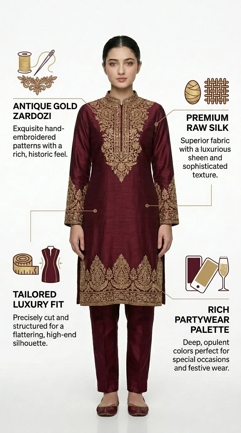 Infographic layout for burgundy kurta set with fashion feature callouts.