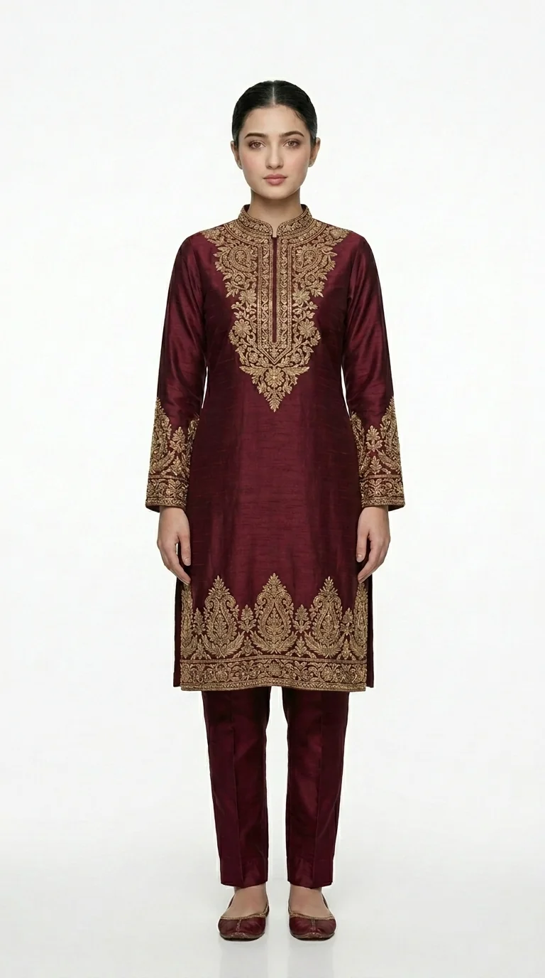 Front studio view of burgundy silk kurta set.