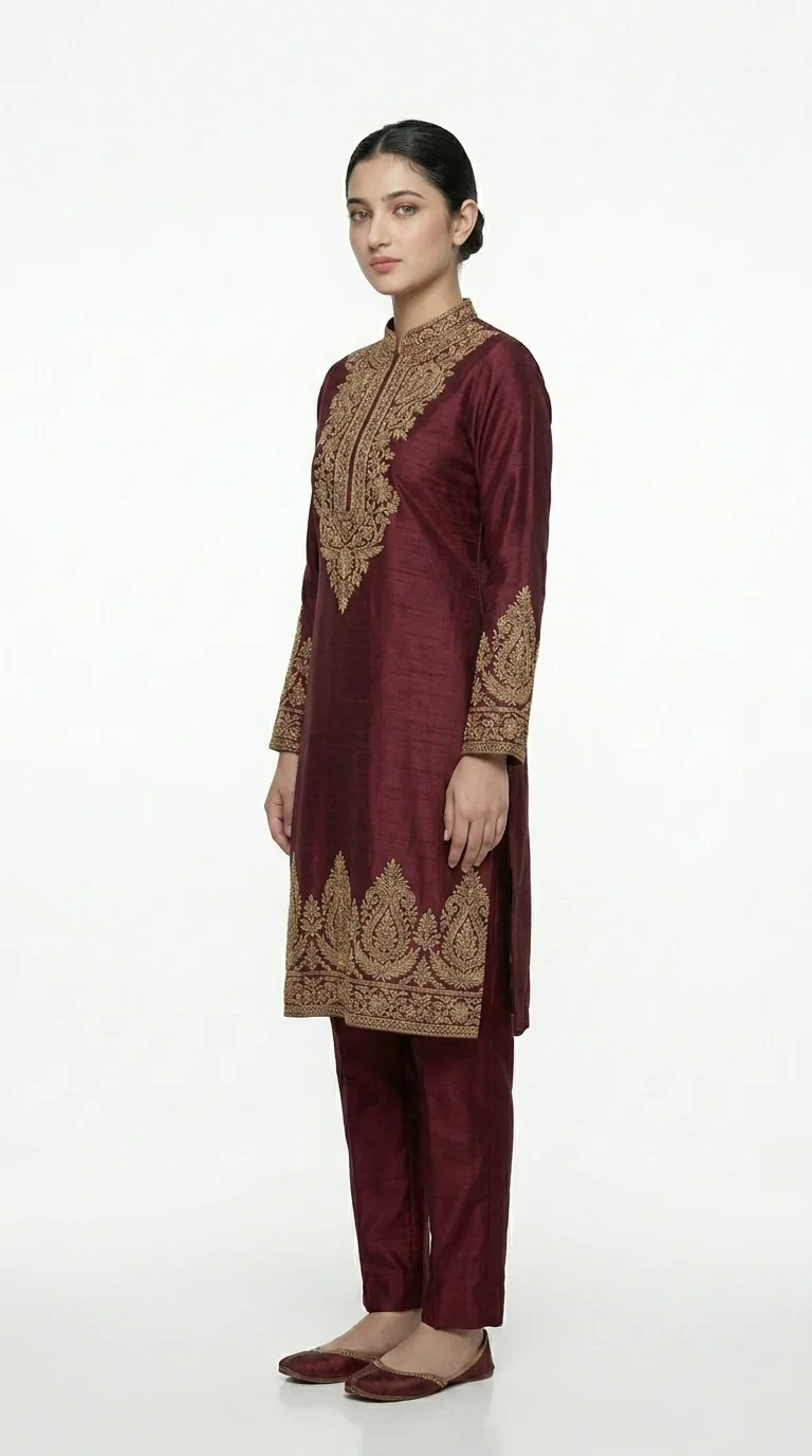 Side studio view of burgundy silk kurta set.