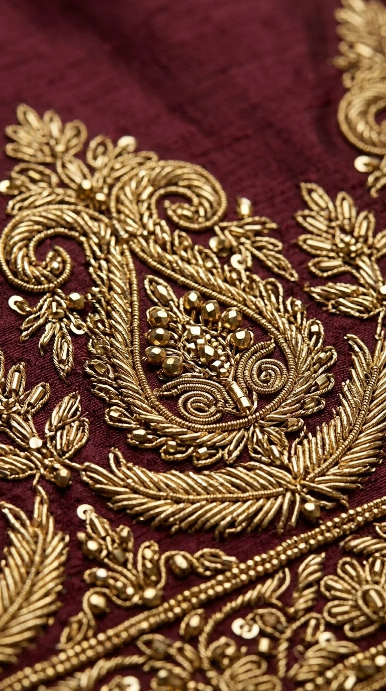 Macro detail of antique gold zardozi embroidery on burgundy kurta.