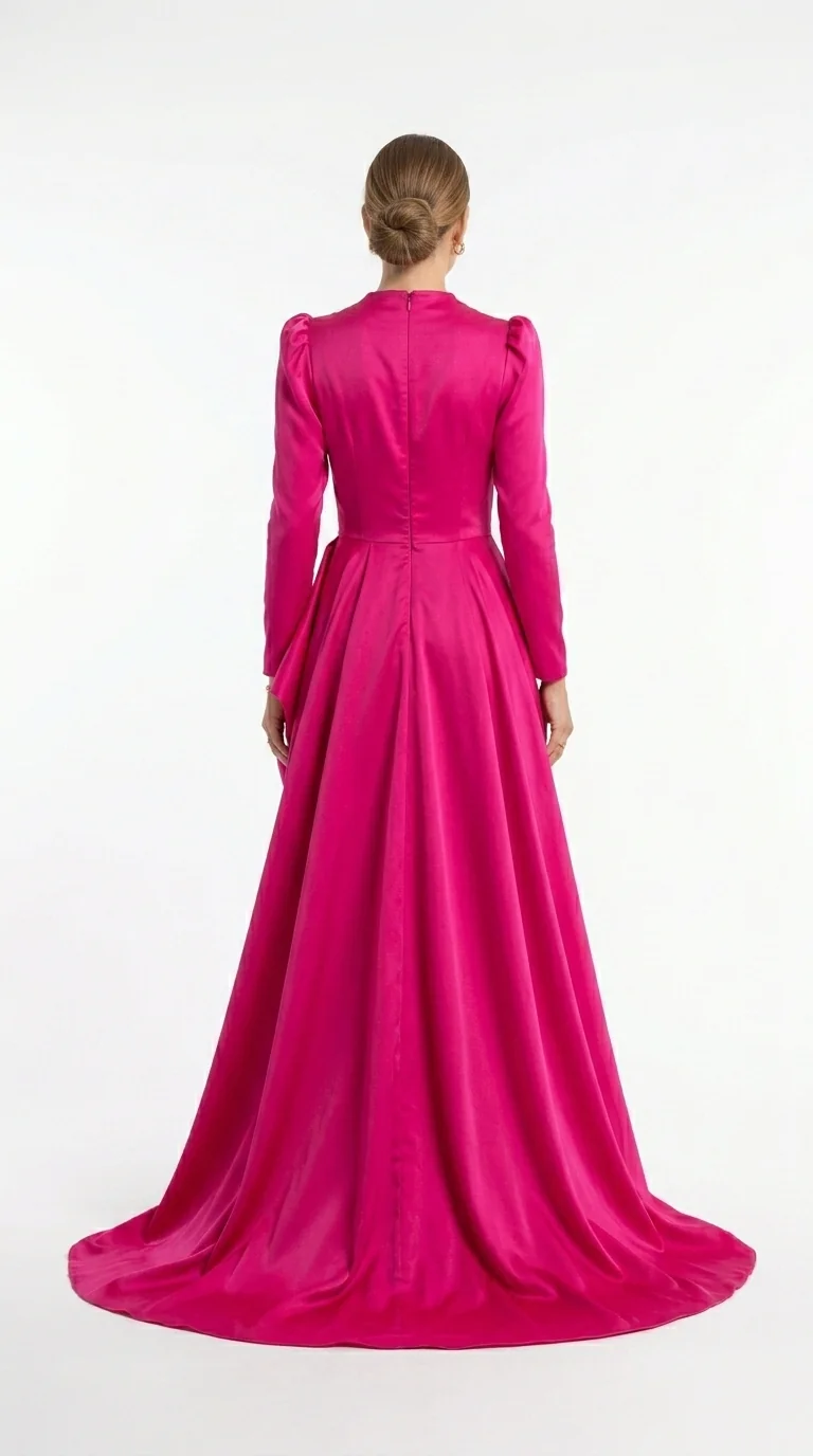 Back studio view of fuchsia silk gown.