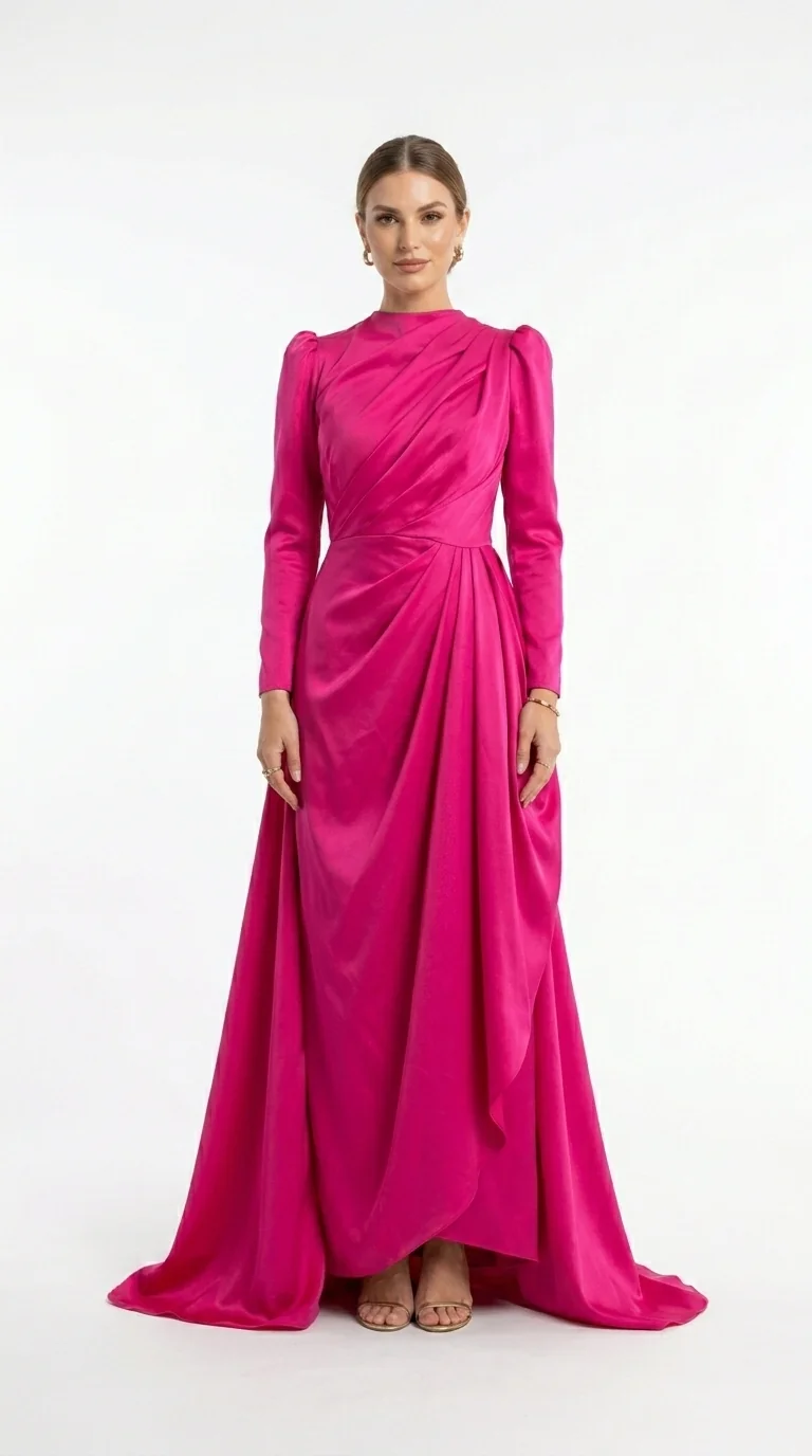 Front studio view of fuchsia silk gown.