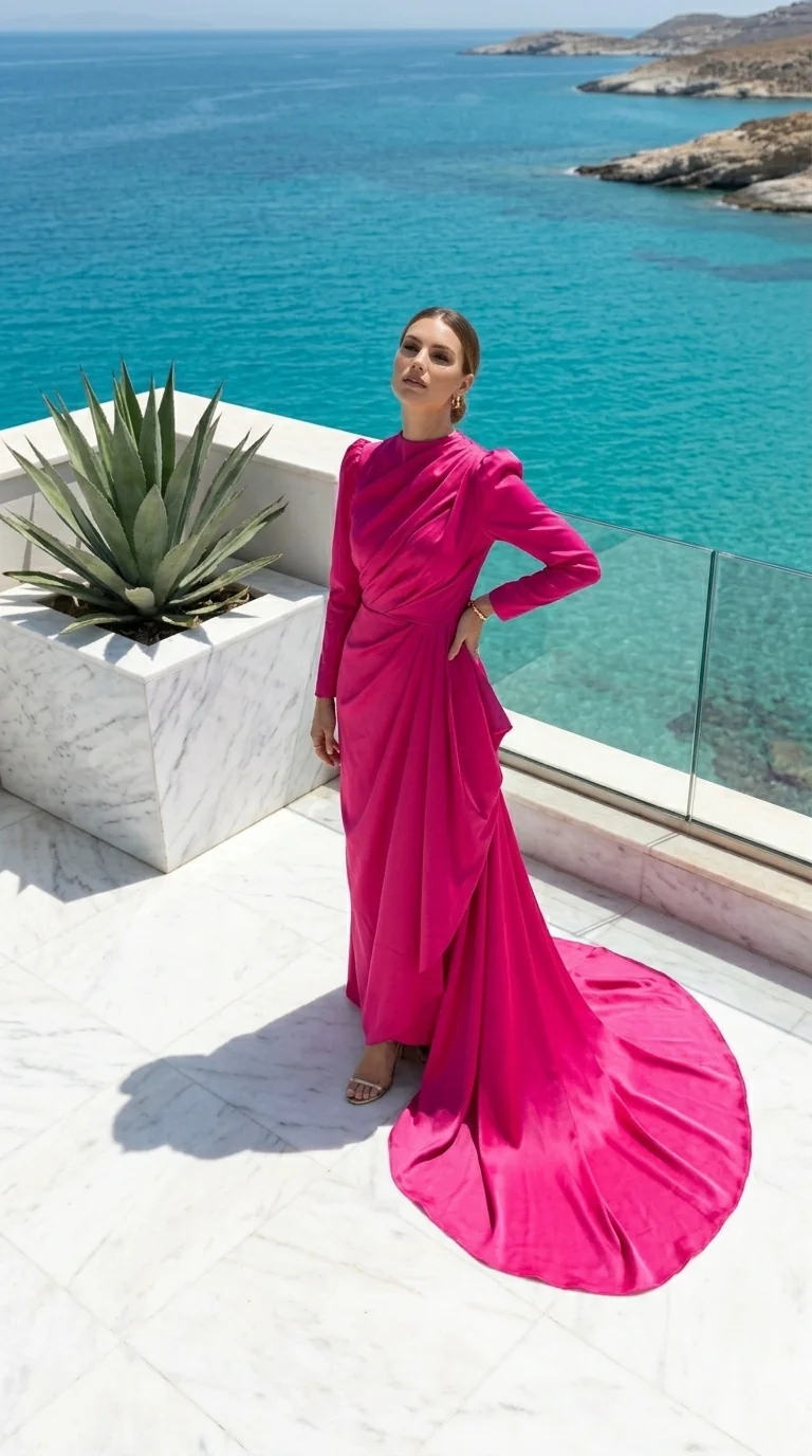 Fuchsia silk gown on a marble terrace overlooking the ocean.