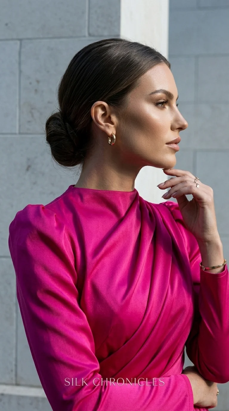 Close portrait of model in fuchsia silk gown.