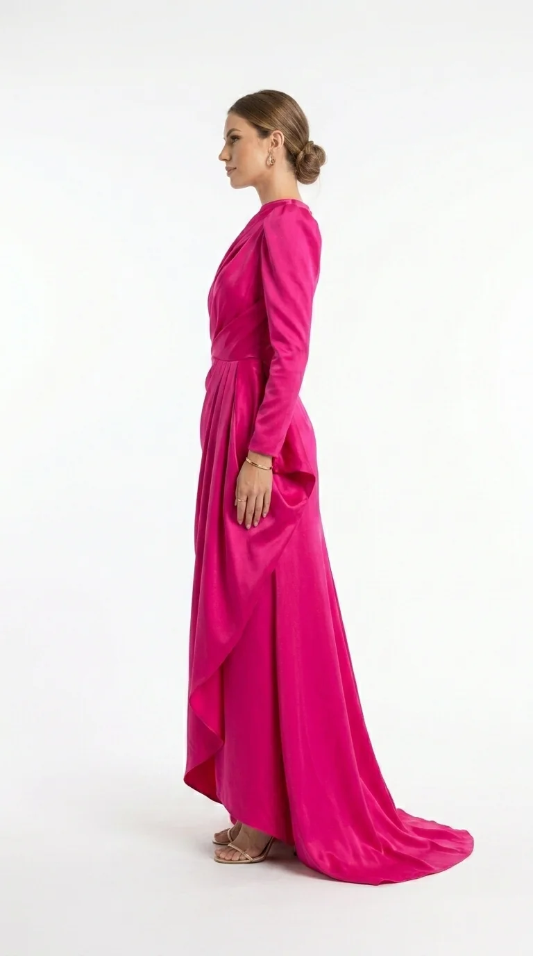Side studio view of fuchsia silk gown.