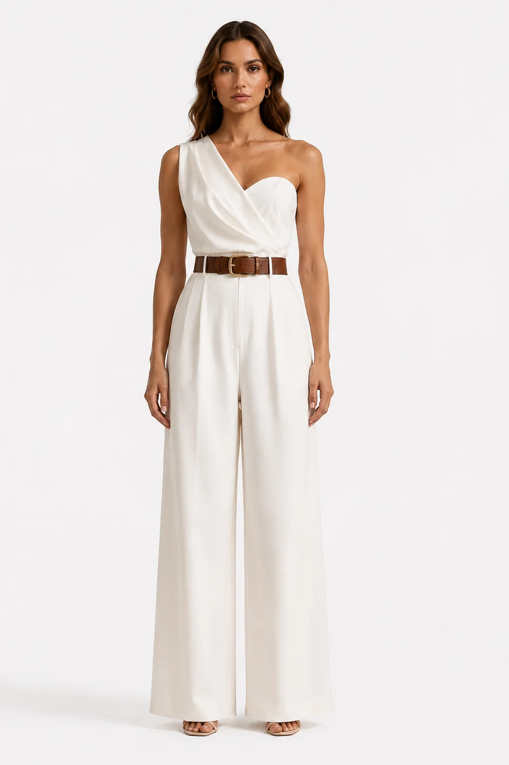 Front studio image of a white one-shoulder jumpsuit shown full length.