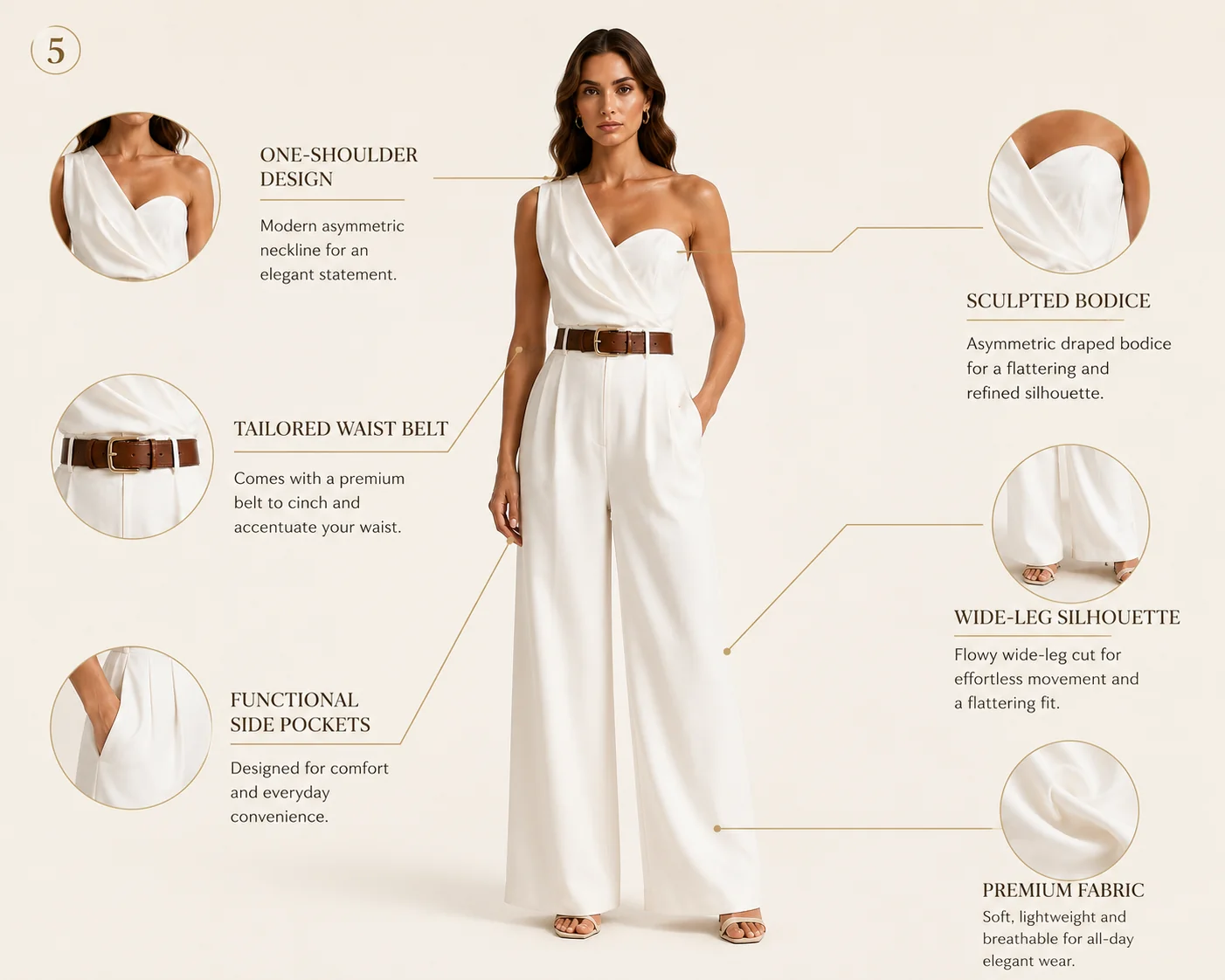 Infographic layout showing features of a white one-shoulder jumpsuit with close-up callouts.