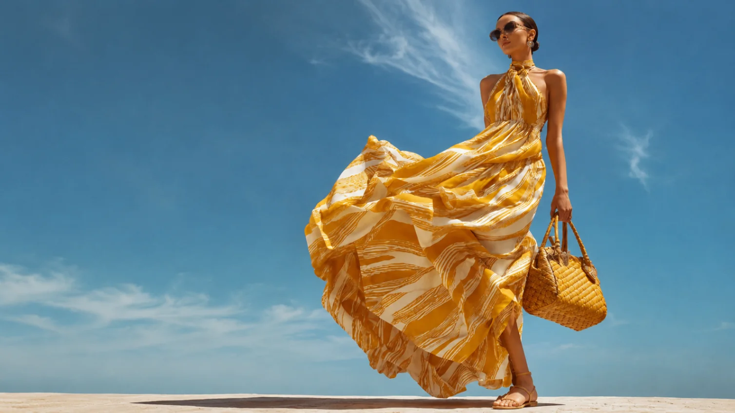 Editorial lifestyle image of a yellow flowing dress against a bright blue sky.
