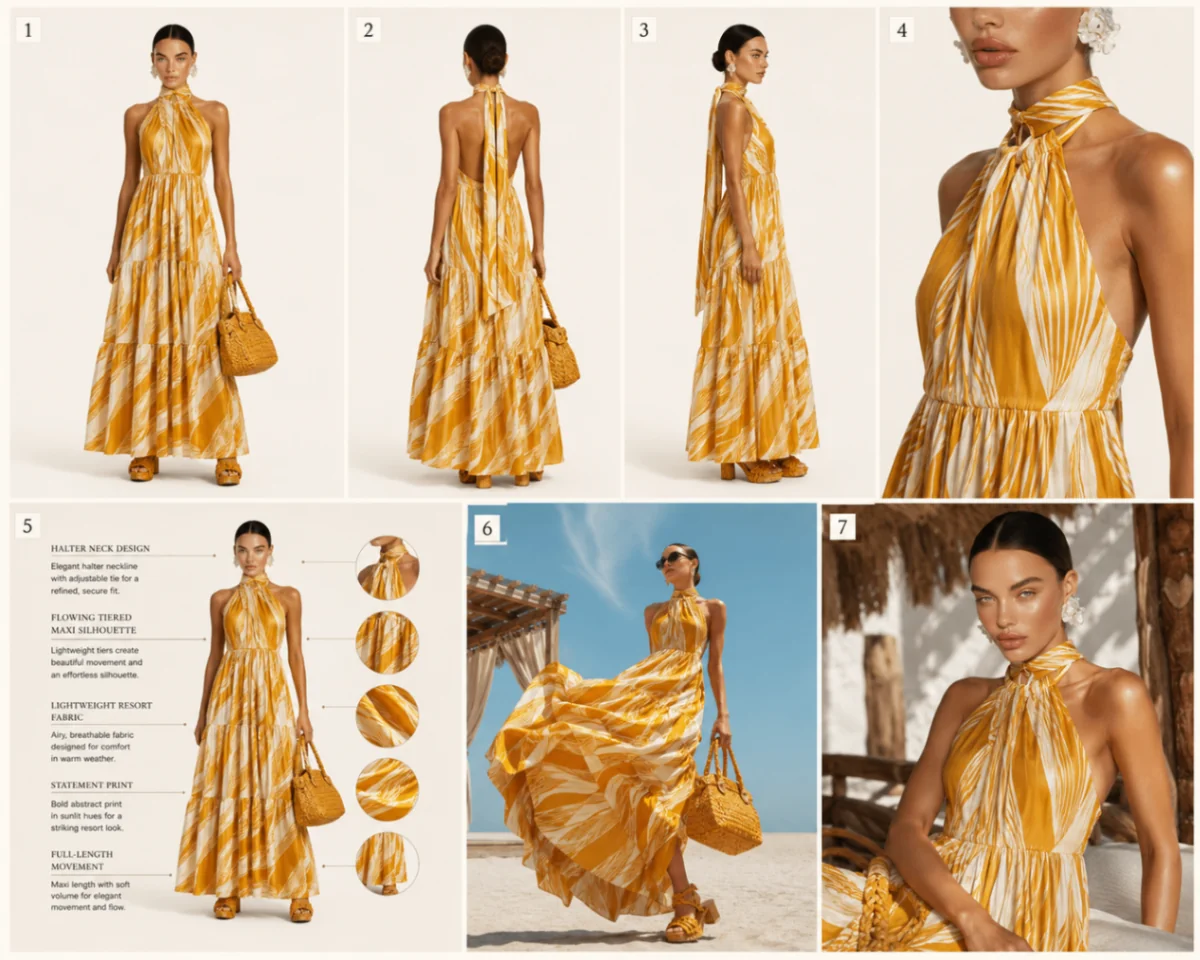 Editorial image set for a yellow halter maxi dress with studio views, infographic, lifestyle and portrait shots.