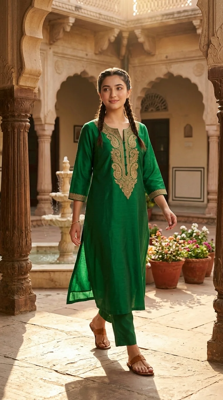 Lifestyle photo of model wearing emerald embroidered kurta in a heritage courtyard.