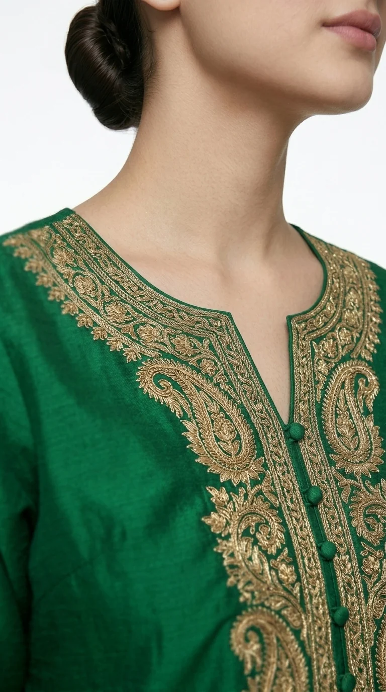 Close-up of gold embroidery detail on emerald kurta neckline.
