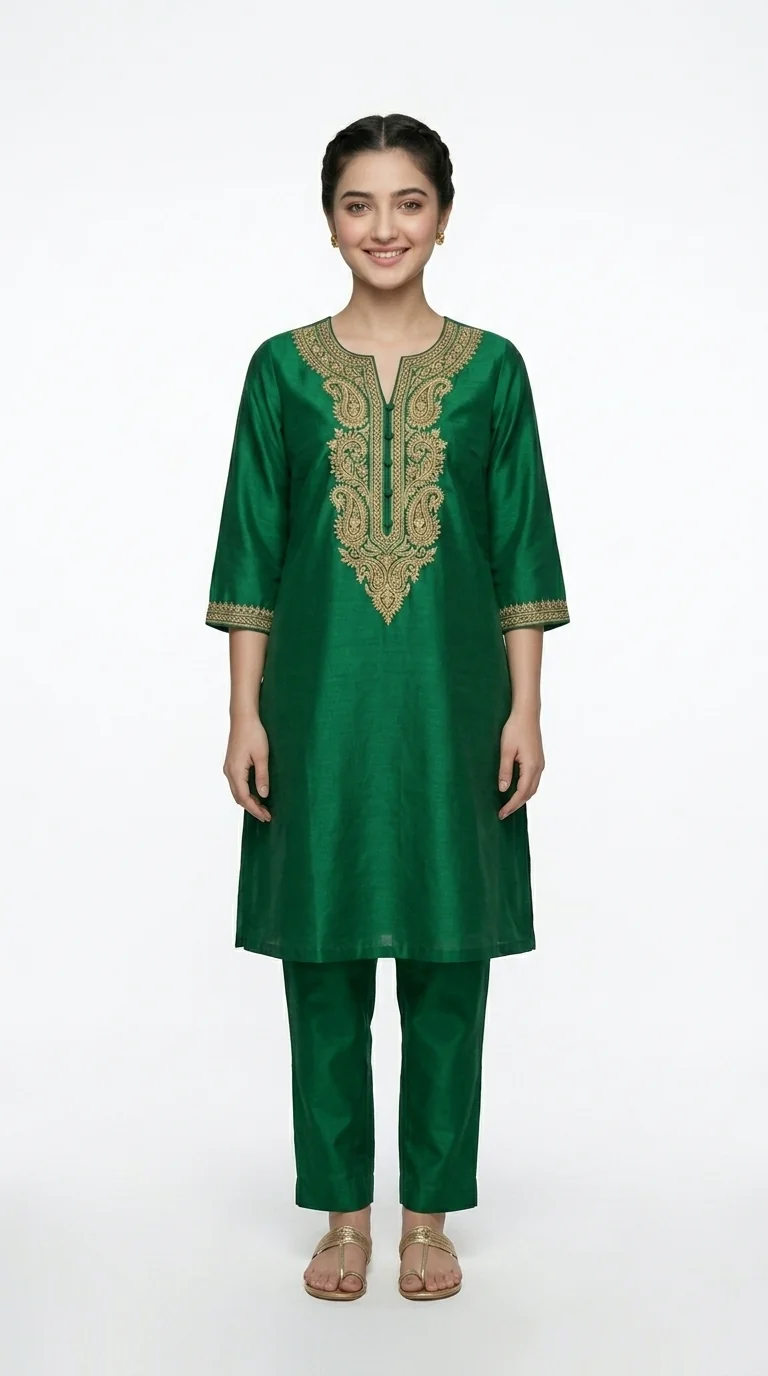 Front studio view of an emerald embroidered kurta set on a white background.