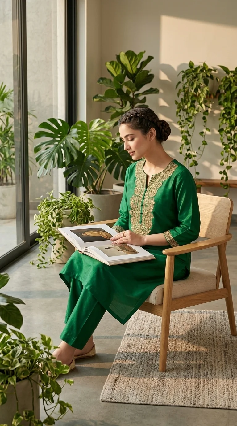 Lifestyle photo of model in emerald embroidered kurta seated indoors with natural light and plants.