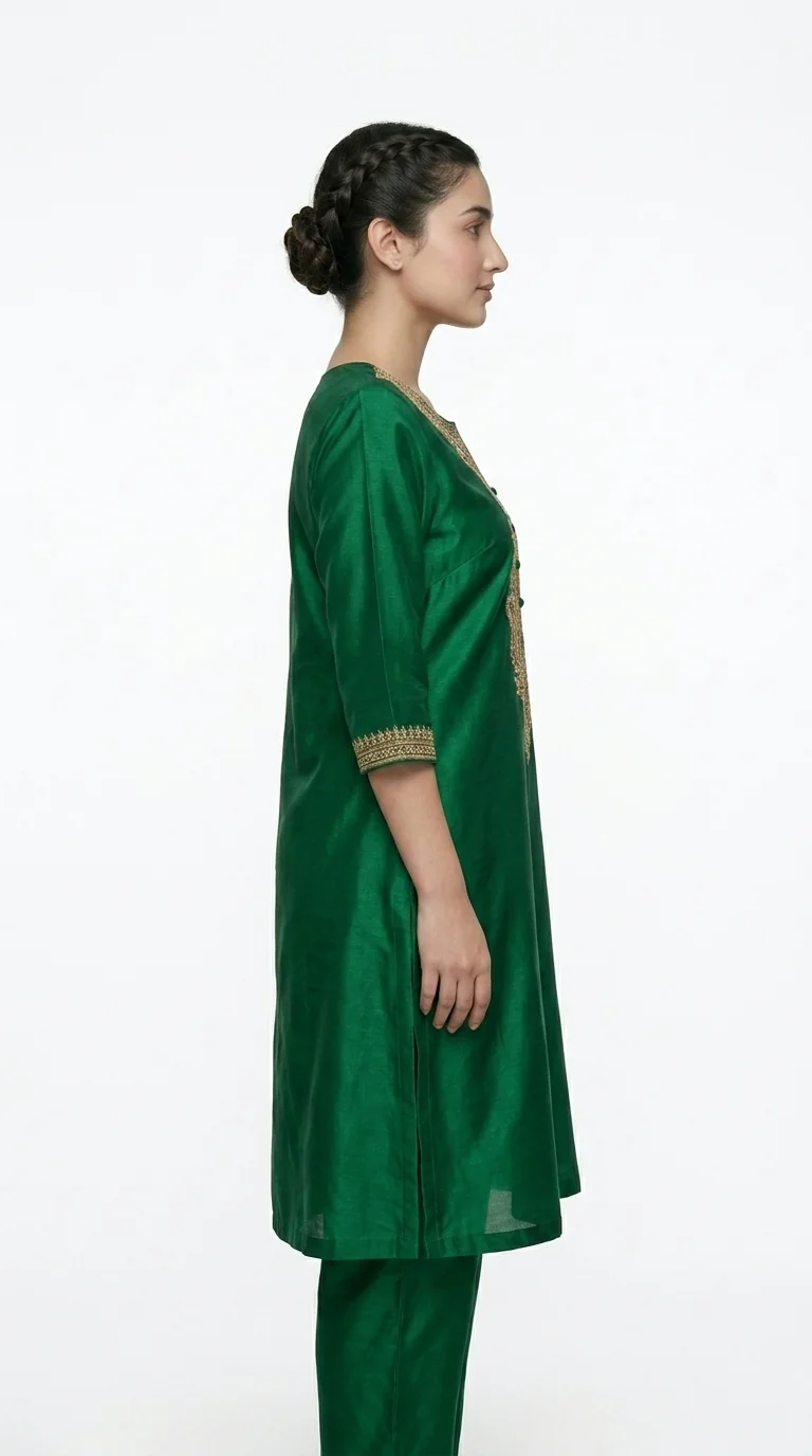 Side profile studio view of the emerald embroidered kurta set on a white background.