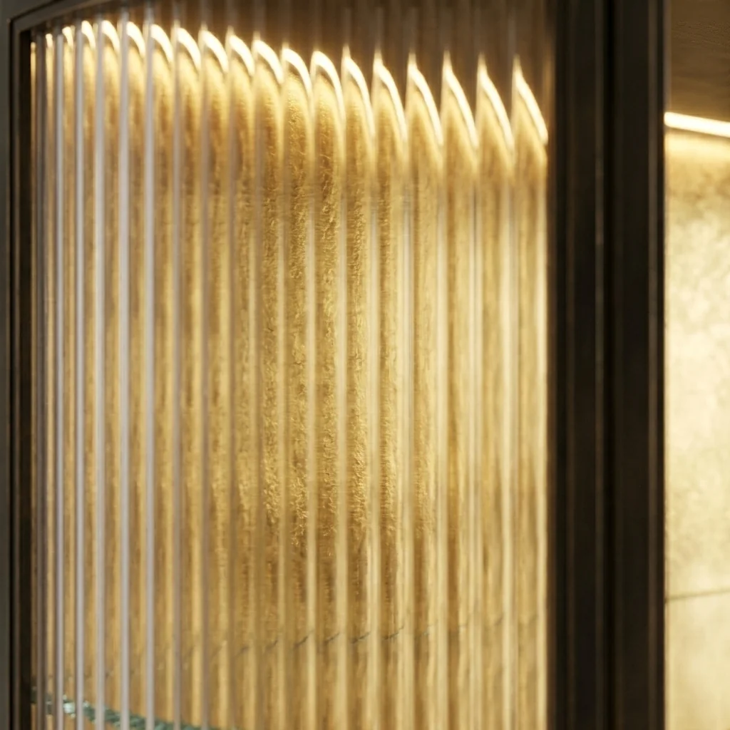Macro close-up of curved reeded glass with hand-applied gold-leaf interior and warm LED glow.