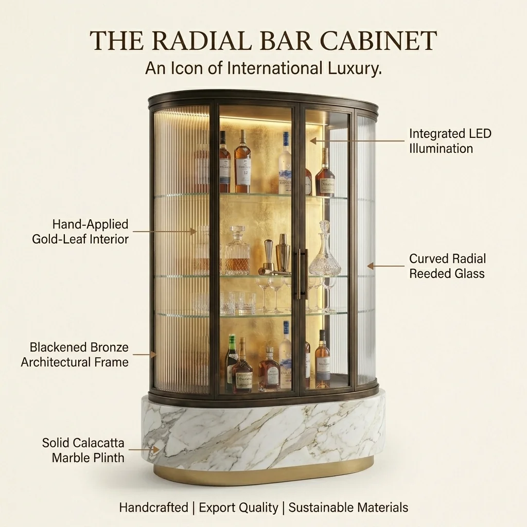 Infographic listing features of the radial bar cabinet for international luxury catalogues.