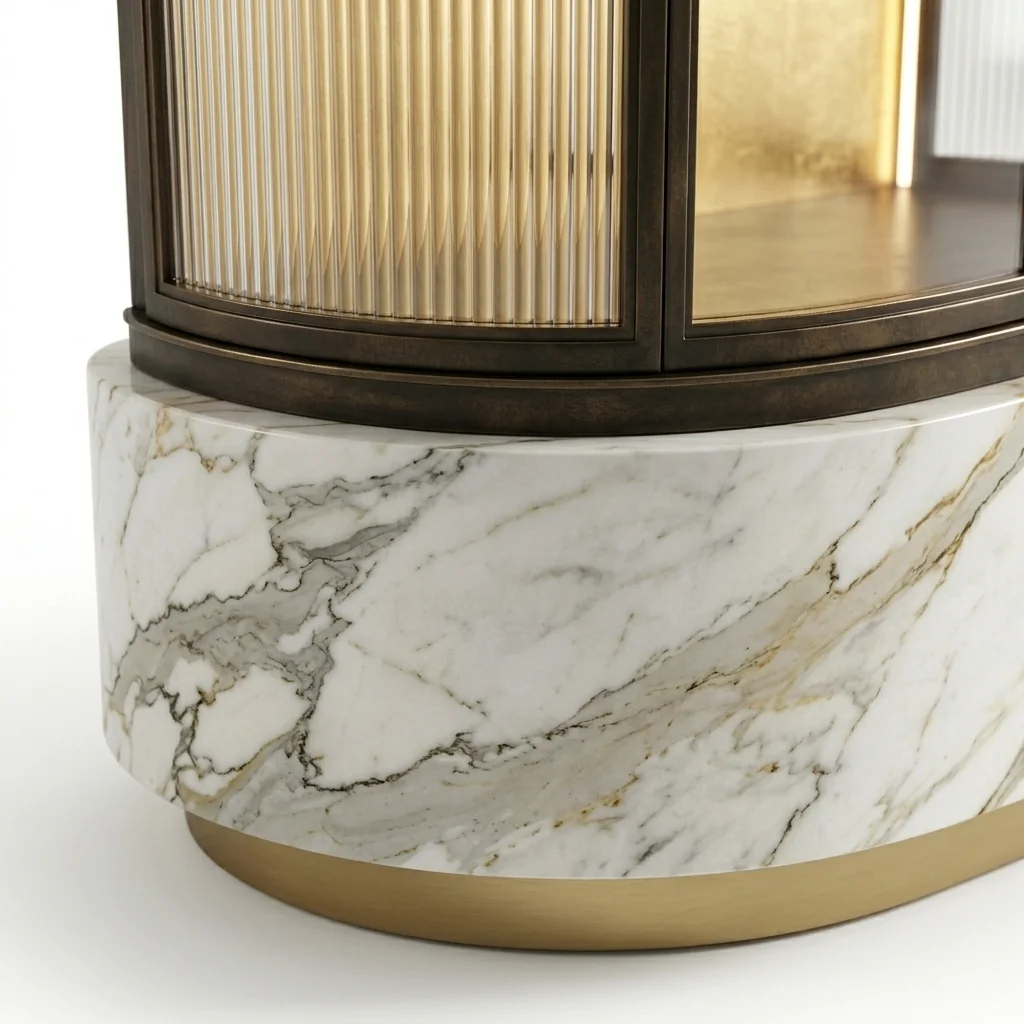 Close-up of Calacatta marble plinth with brass base and blackened bronze frame.