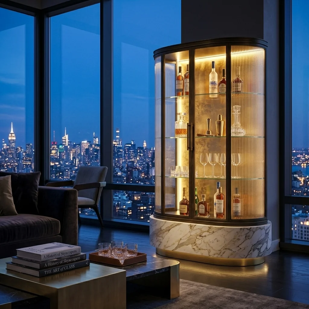 Radial bar cabinet styled in a Manhattan penthouse at dusk with city skyline view.