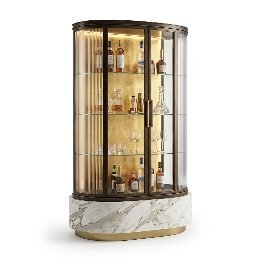 Studio cutout of curved bar cabinet with reeded glass, gold-leaf interior and Calacatta marble plinth.