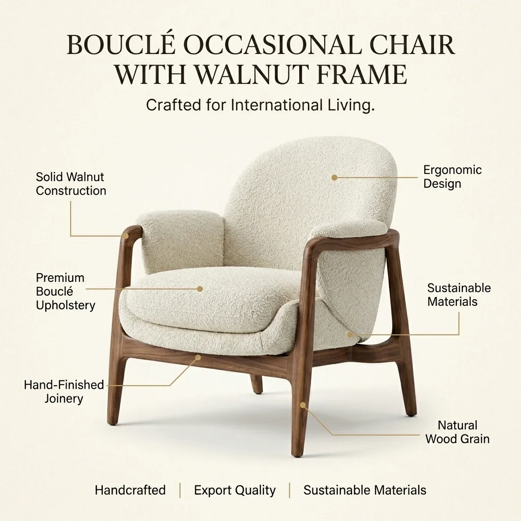 Infographic layout listing features of the bouclé occasional chair.