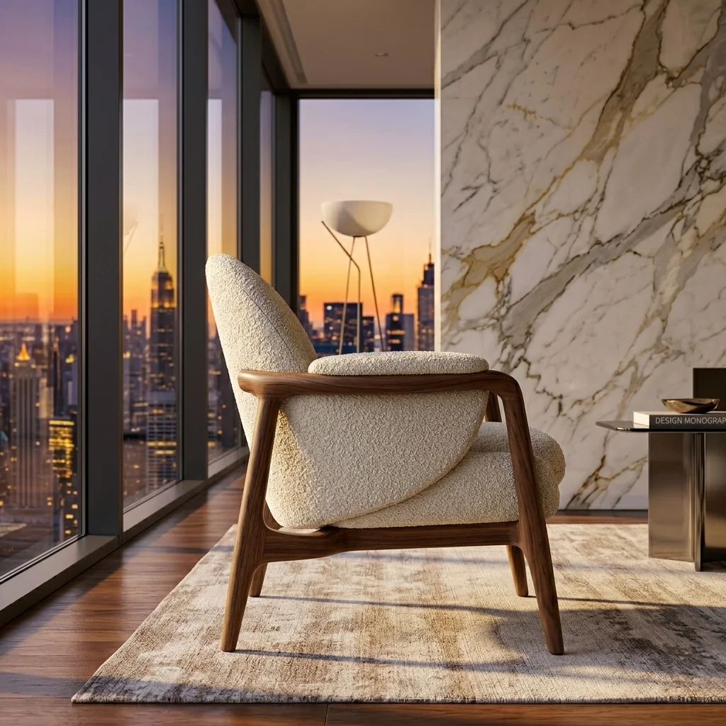 Bouclé chair in a luxury penthouse with marble wall and city skyline at sunset.