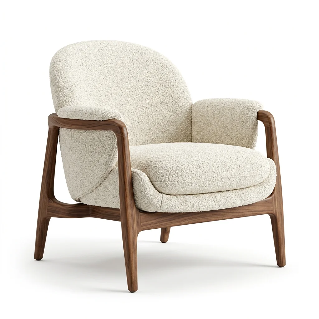 Studio cutout of bouclé occasional chair with walnut frame on white.