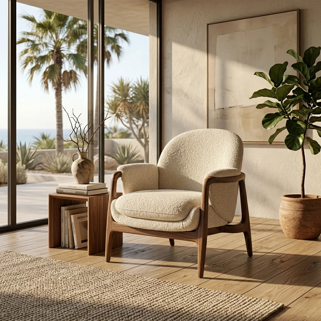 Bouclé chair in a sunlit Mediterranean villa with palm view.