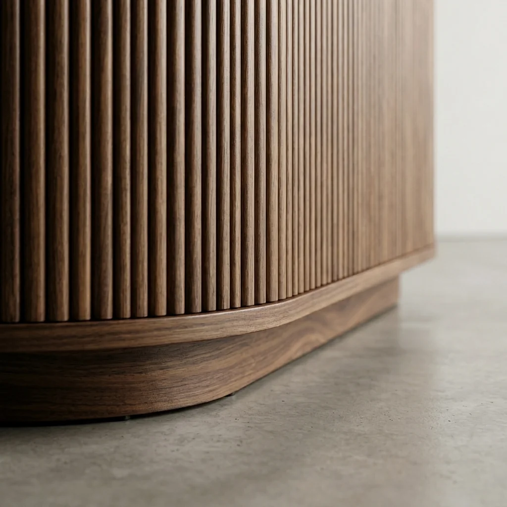 Macro close-up of fluted walnut slats curving into the solid walnut base of the credenza.