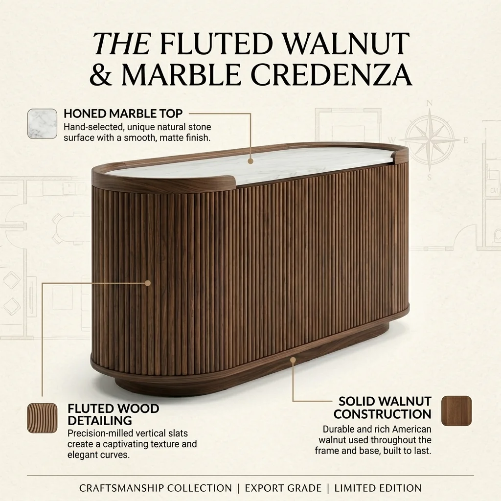 Infographic describing materials and craft features of the fluted walnut and marble credenza.