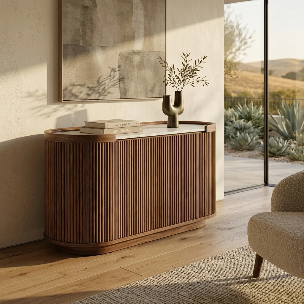 Fluted walnut credenza styled in a sunlit Mediterranean villa with art and olive branches.