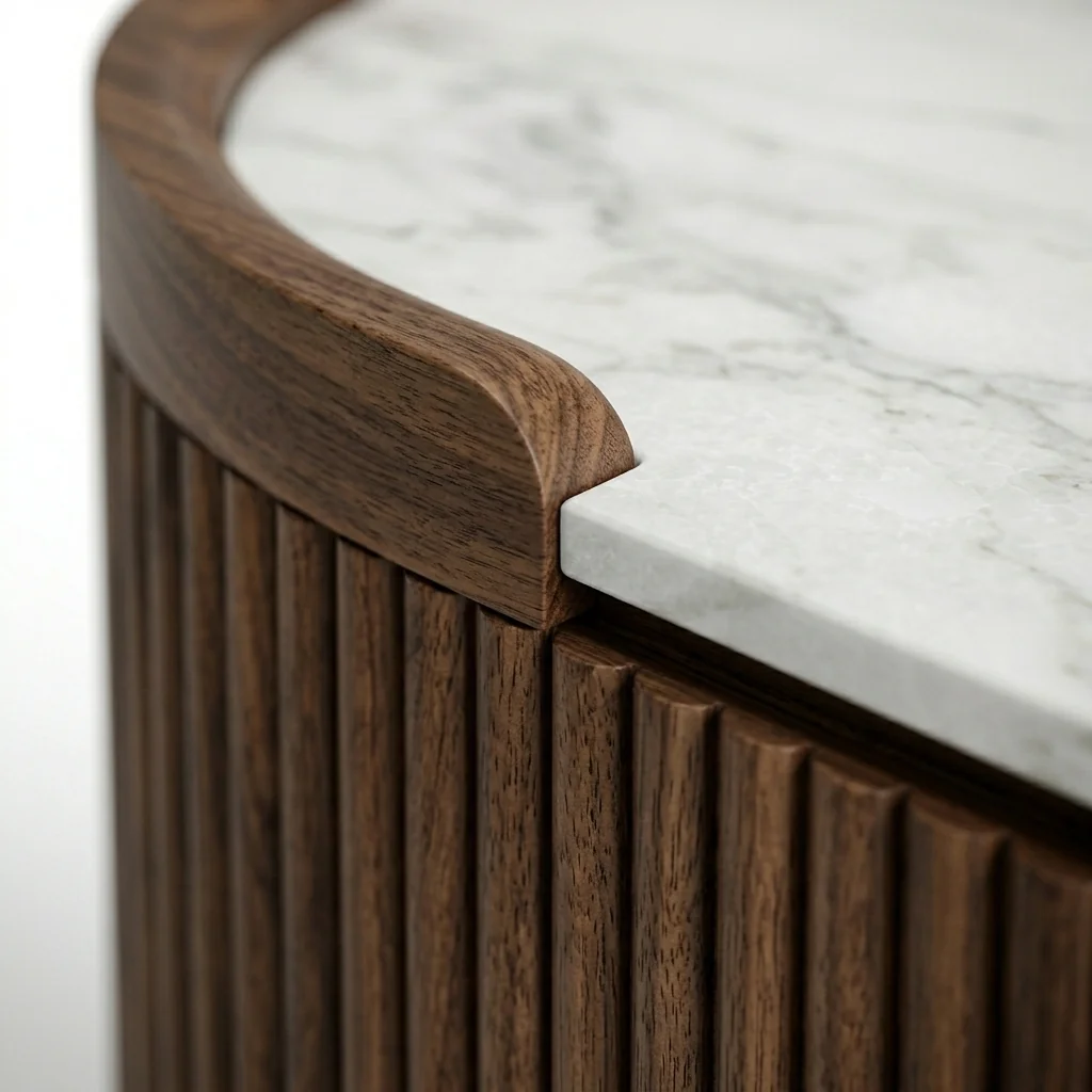 Macro close-up of hand-shaped walnut corner meeting the honed marble top of the credenza.