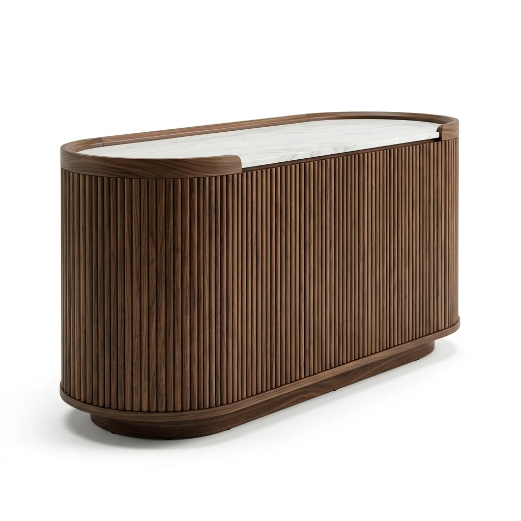 Studio cutout of sculptural oval fluted walnut credenza with honed marble top on white.