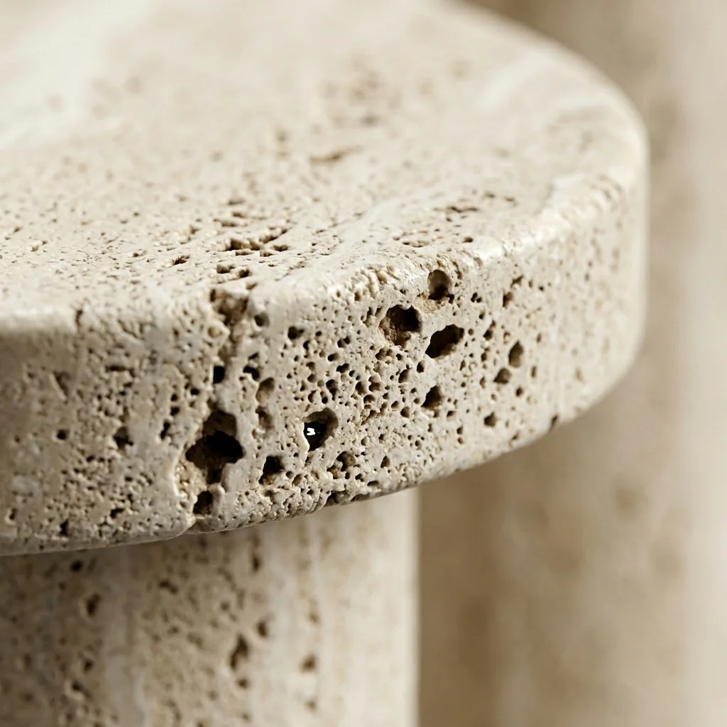 Macro close-up of travertine stone texture on the table edge and pedestal.