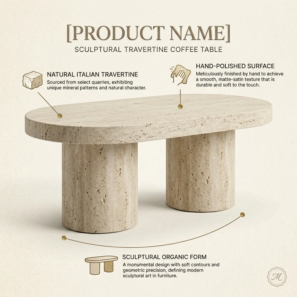 Infographic layout describing materials and form of the travertine coffee table.
