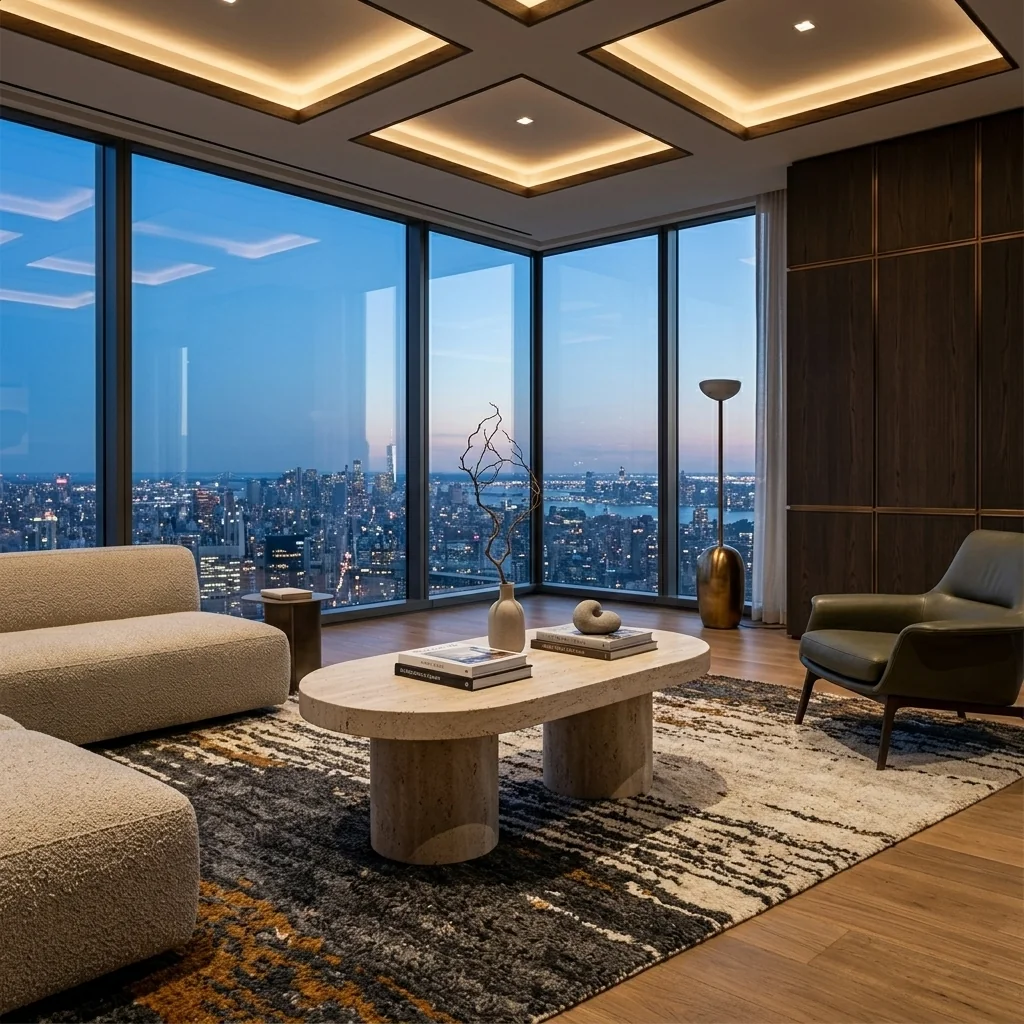 Travertine coffee table styled in a penthouse living room with skyline view.