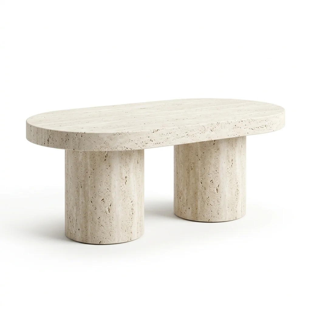 Studio cutout of sculptural oval travertine coffee table on twin fluted pedestals.