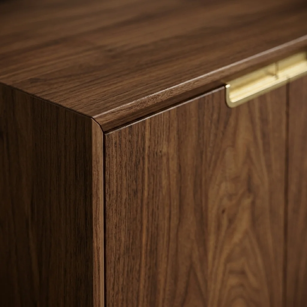 Macro close-up of walnut veneer and brass handle detail on the credenza.