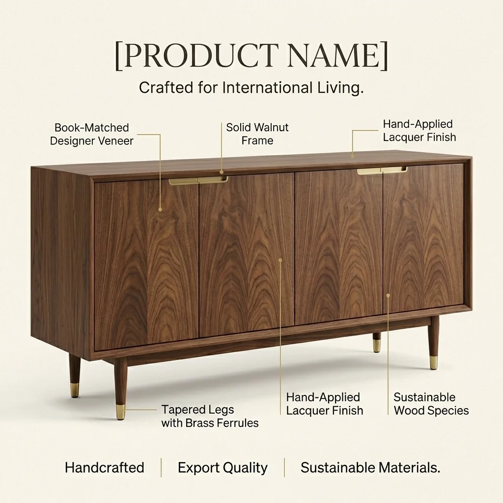 Infographic describing materials and craft features of the walnut credenza.