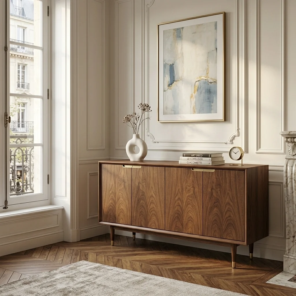 Walnut credenza styled in a Parisian apartment with herringbone floor and framed art.