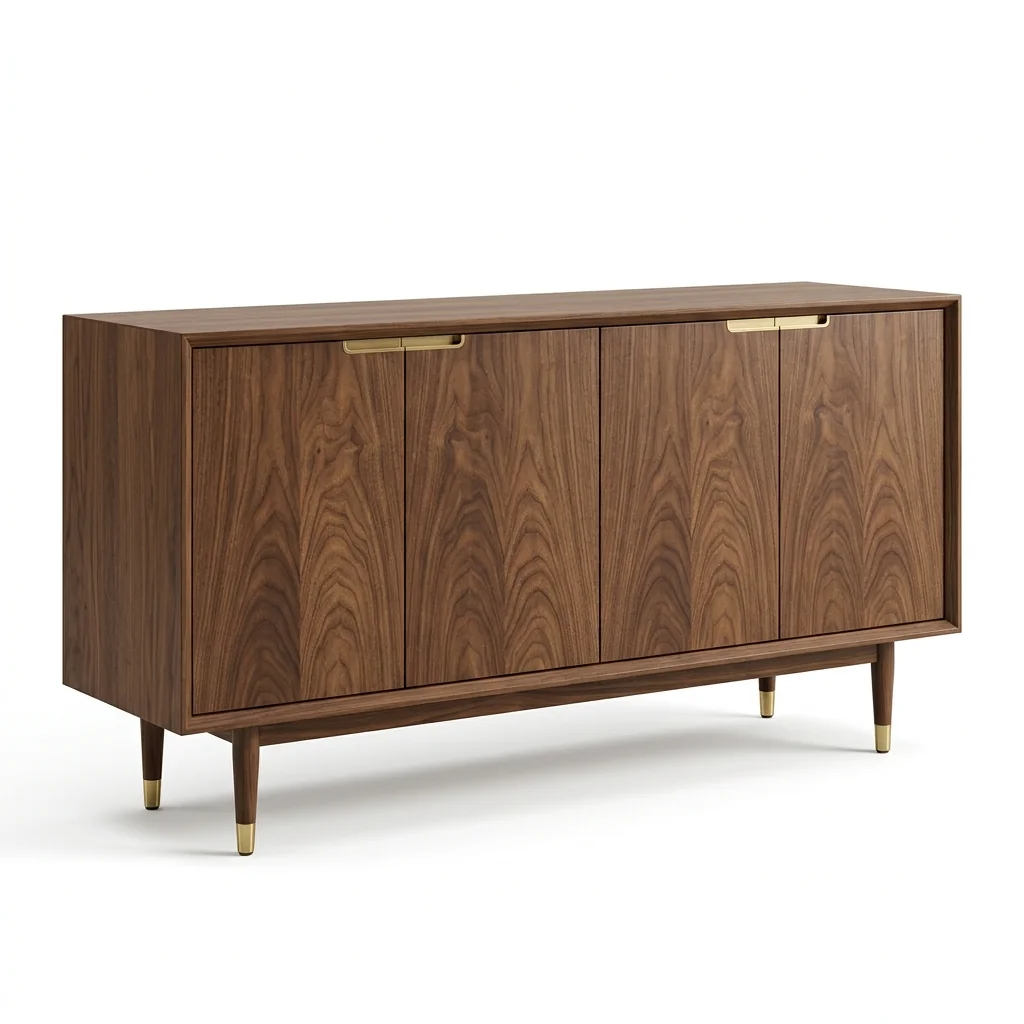 Studio cutout of designer walnut credenza with brass handles and tapered legs on white.