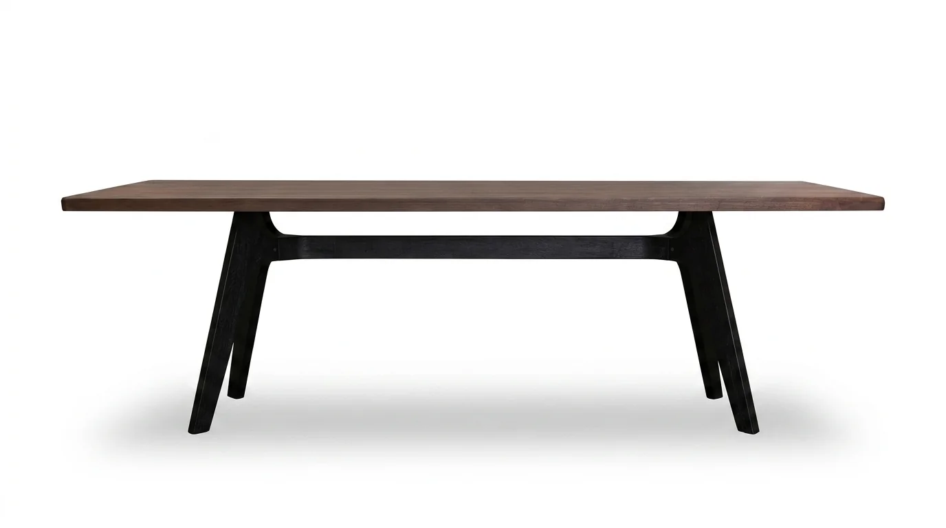 Front elevation of walnut dining table on white background.